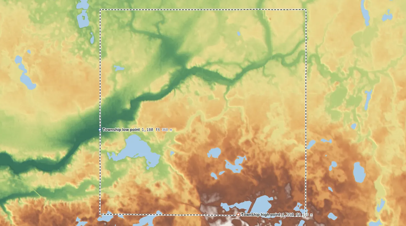 Topographic elevation map of Cuba Township, Minnesota, shaded from 1,180 ft on the west side to 1,350 ft on the south side