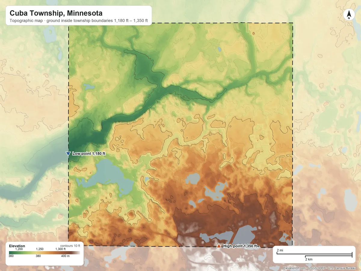 Topographic elevation map of Cuba Township, Minnesota, shaded from 1,180 ft on the west side to 1,350 ft on the south side