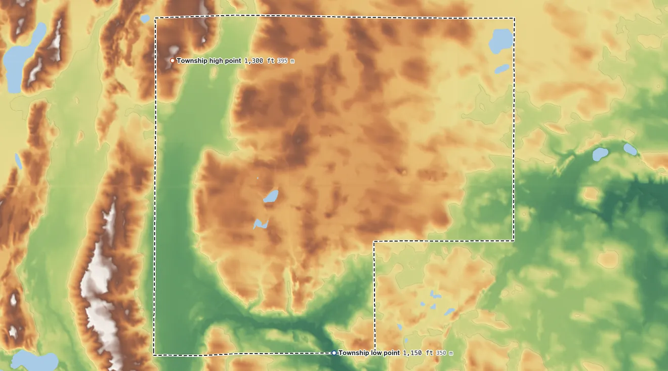 Topographic elevation map of Culdrum Township, Minnesota, shaded from 1,150 ft on the south side to 1,300 ft on the northwest side