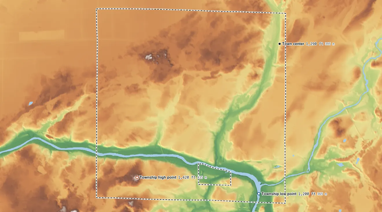 Topographic elevation map of Culver Township, Minnesota, shaded from 1,200 ft on the south side to 1,420 ft on the southwest side