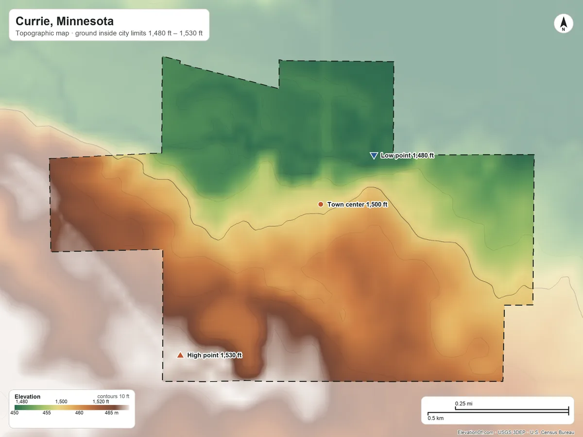 Topographic elevation map of Currie, Minnesota, shaded from 1,480 ft on the northeast side to 1,530 ft on the southwest side
