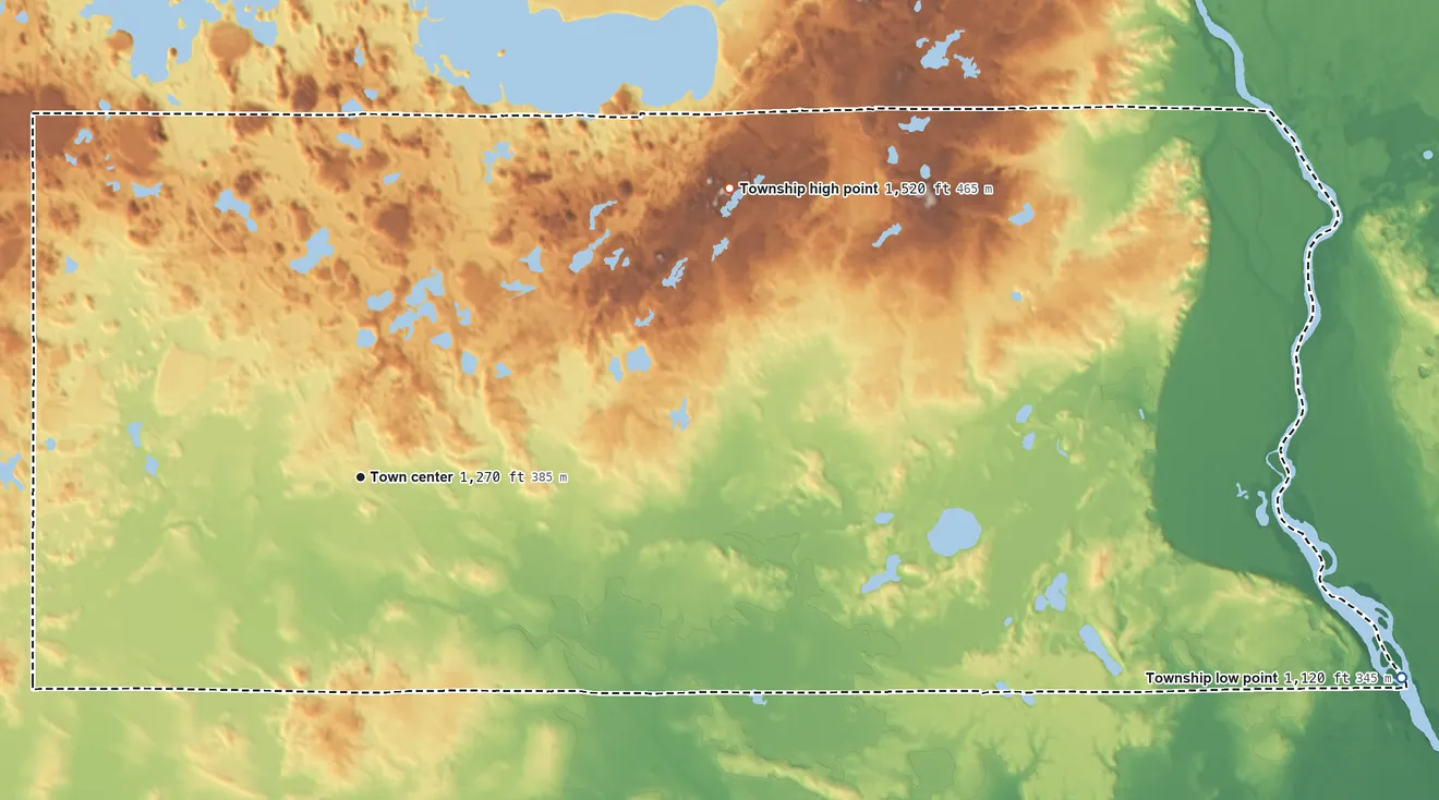 Topographic elevation map of Cushing Township, Minnesota, shaded from 1,120 ft on the east side to 1,520 ft on the northeast side