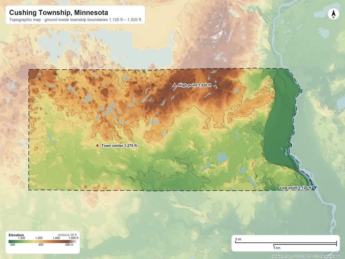 Topographic elevation map of Cushing Township, Minnesota, shaded from 1,120 ft on the east side to 1,520 ft on the northeast side