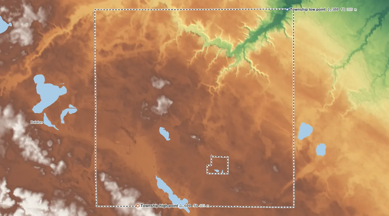 Topographic elevation map of Custer Township, Minnesota, shaded from 1,300 ft on the northeast side to 1,600 ft on the southwest side