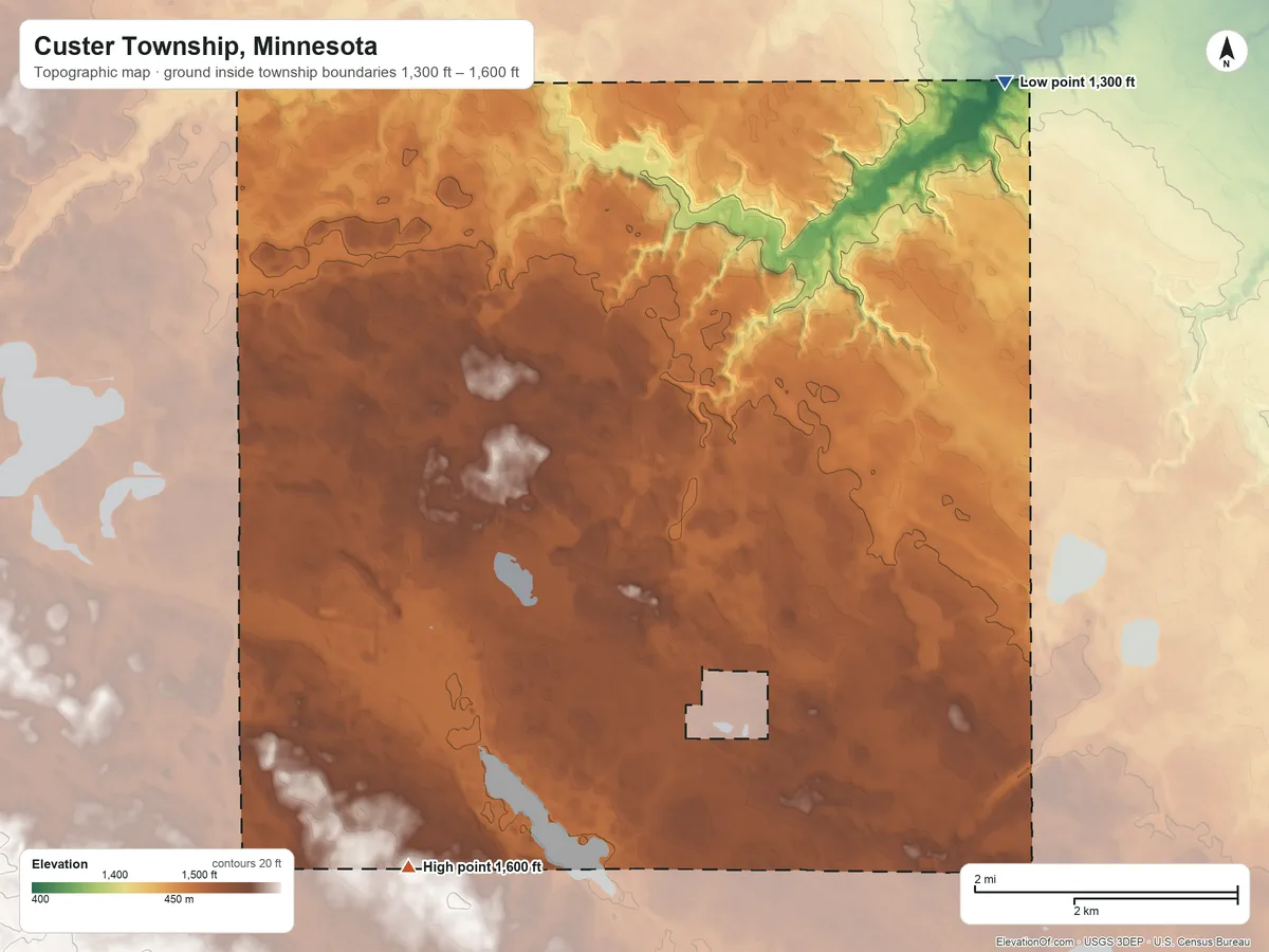 Topographic elevation map of Custer Township, Minnesota, shaded from 1,300 ft on the northeast side to 1,600 ft on the southwest side