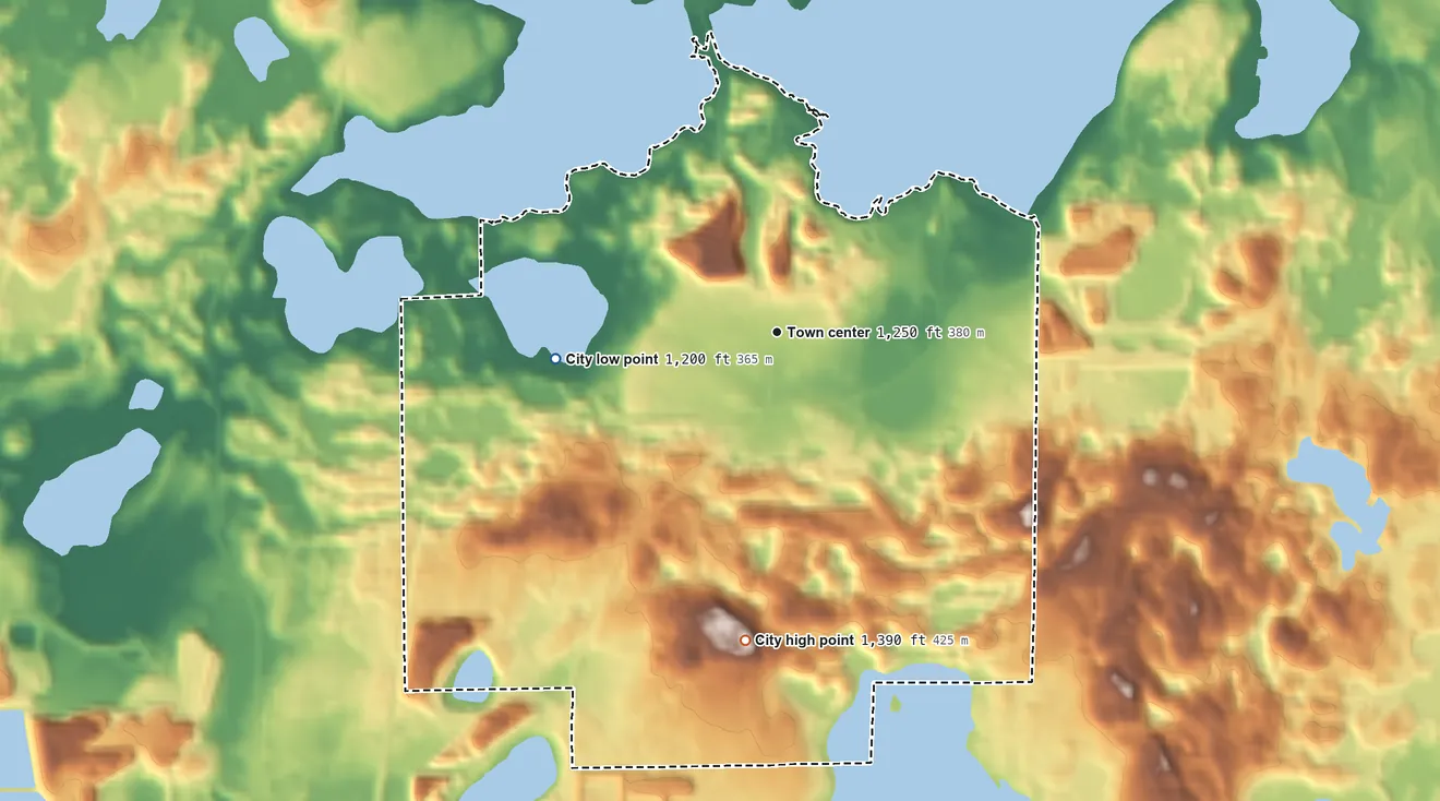 Topographic elevation map of Cuyuna, Minnesota, shaded from 1,200 ft on the west side to 1,390 ft on the south side
