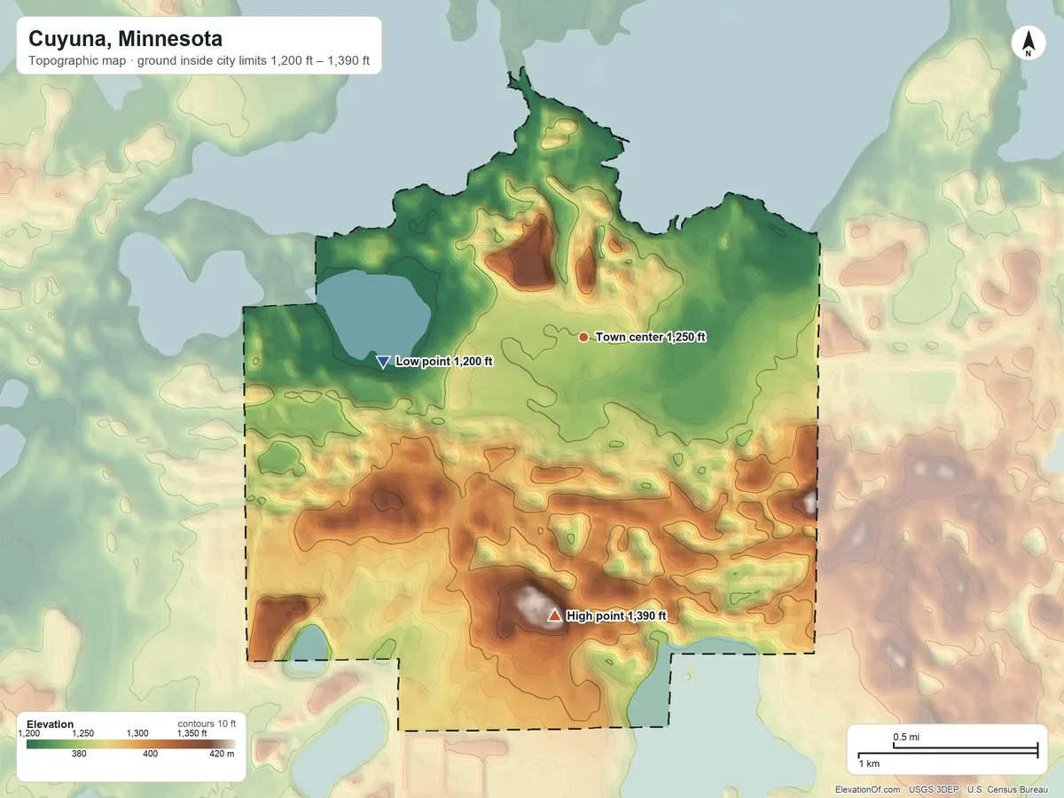 Topographic elevation map of Cuyuna, Minnesota, shaded from 1,200 ft on the west side to 1,390 ft on the south side