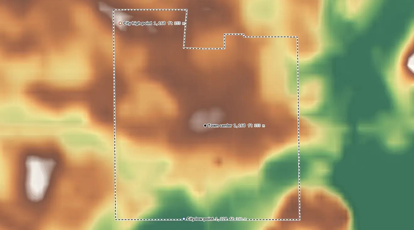Topographic elevation map of Cyrus, Minnesota, shaded from 1,120 ft on the south side to 1,160 ft on the northwest side