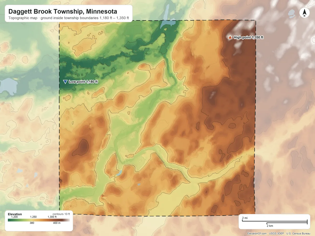 Topographic elevation map of Daggett Brook Township, Minnesota, shaded from 1,180 ft on the west side to 1,350 ft on the northeast side