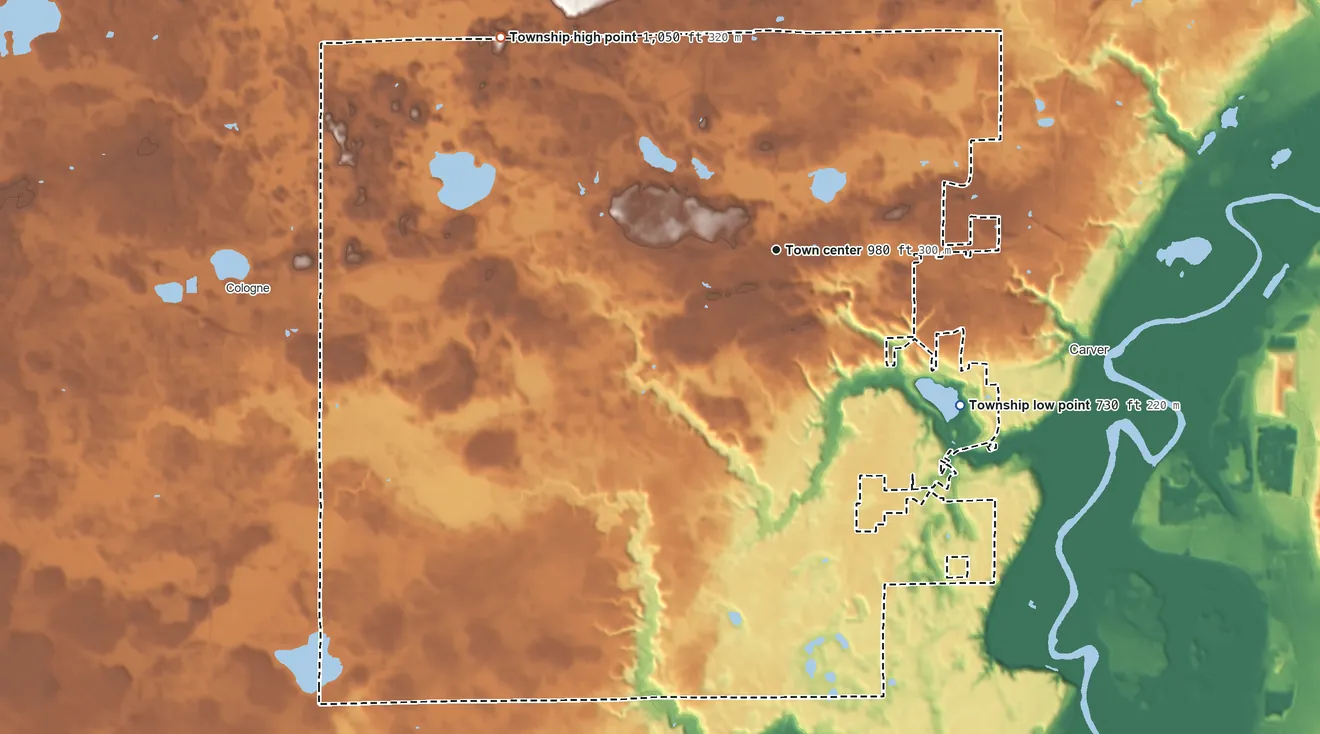 Topographic elevation map of Dahlgren Township, Minnesota, shaded from 730 ft on the southeast side to 1,050 ft on the northwest side