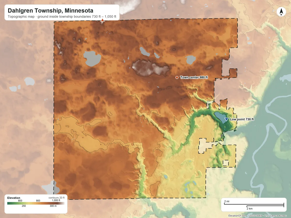 Topographic elevation map of Dahlgren Township, Minnesota, shaded from 730 ft on the southeast side to 1,050 ft on the northwest side