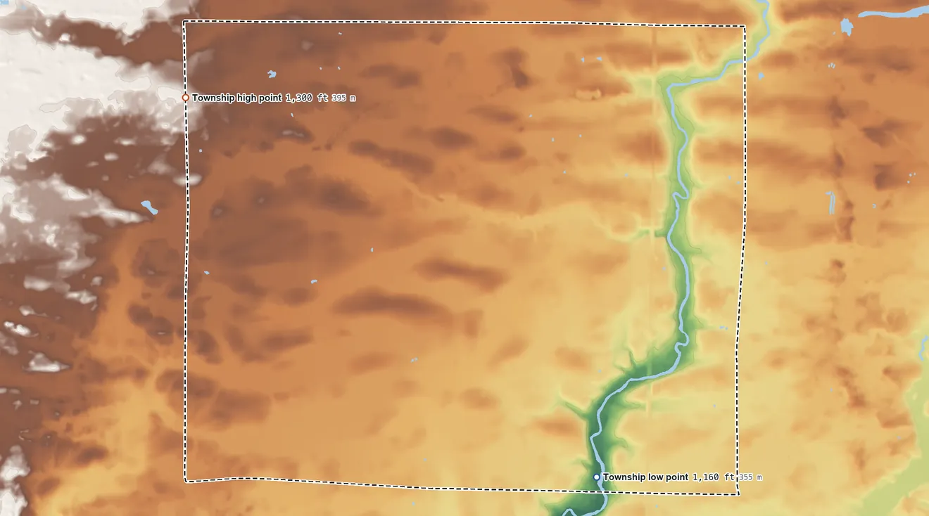 Topographic elevation map of Dailey Township, Minnesota, shaded from 1,160 ft on the south side to 1,300 ft on the northwest side