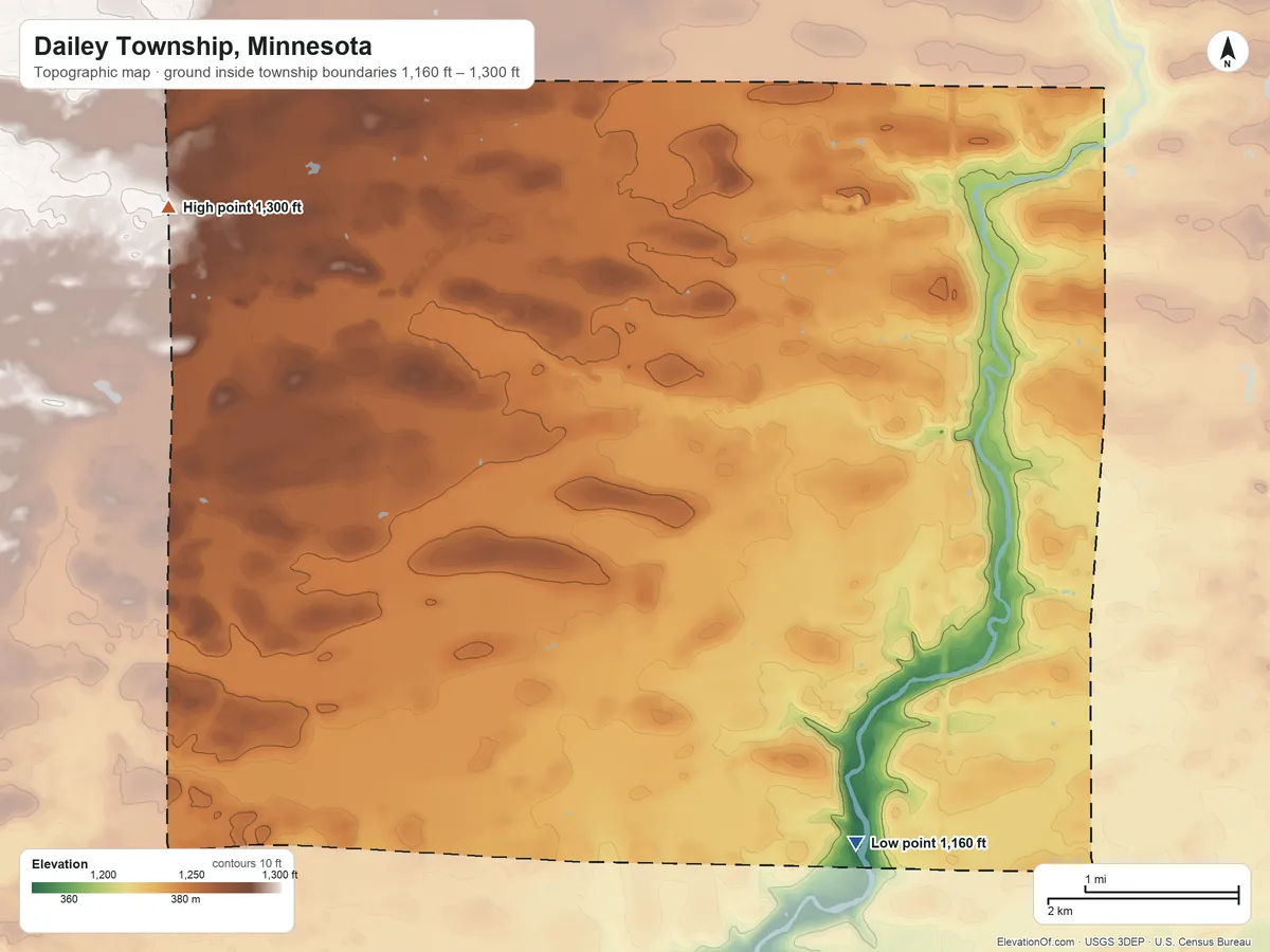 Topographic elevation map of Dailey Township, Minnesota, shaded from 1,160 ft on the south side to 1,300 ft on the northwest side