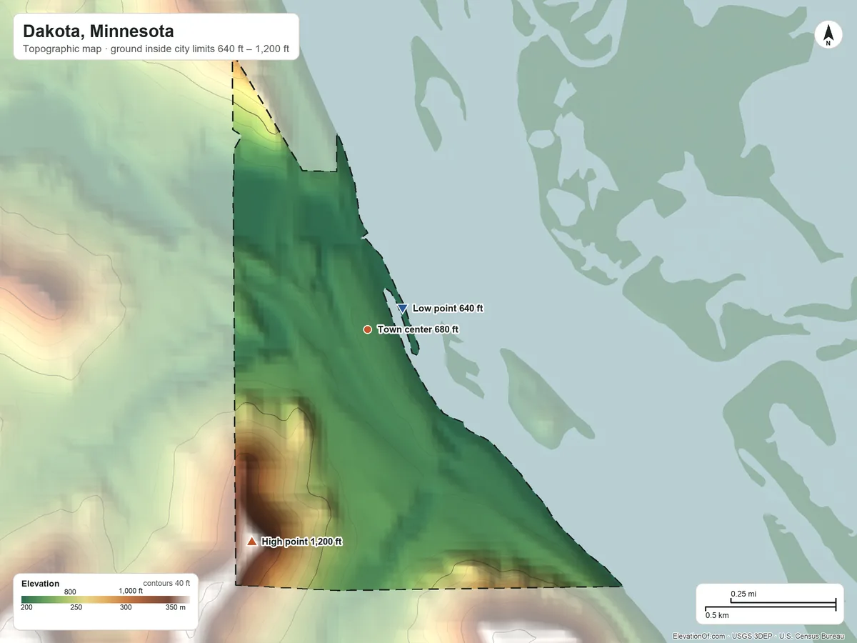 Topographic elevation map of Dakota, Minnesota, shaded from 640 ft near the middle to 1,200 ft on the southwest side