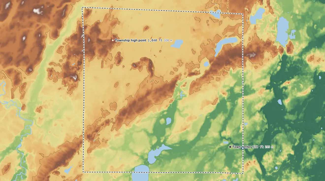 Topographic elevation map of Dalbo Township, Minnesota, shaded from 950 ft near the middle to 1,040 ft on the northwest side