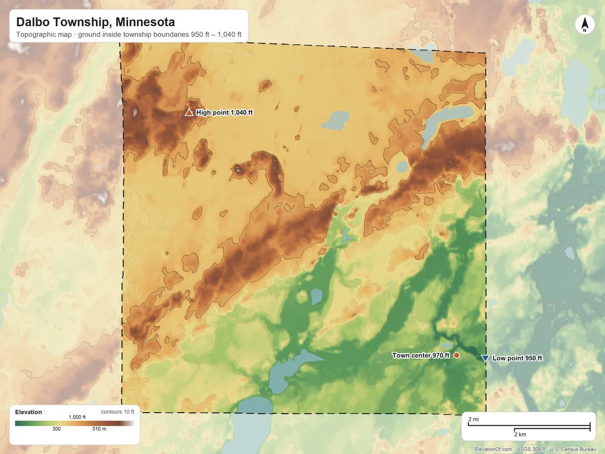 Topographic elevation map of Dalbo Township, Minnesota, shaded from 950 ft near the middle to 1,040 ft on the northwest side