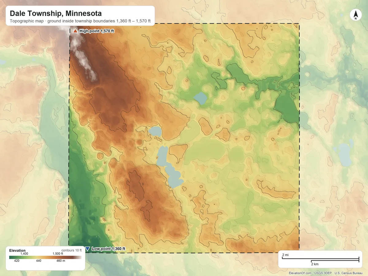 Topographic elevation map of Dale Township, Minnesota, shaded from 1,360 ft on the southwest side to 1,570 ft on the northwest side