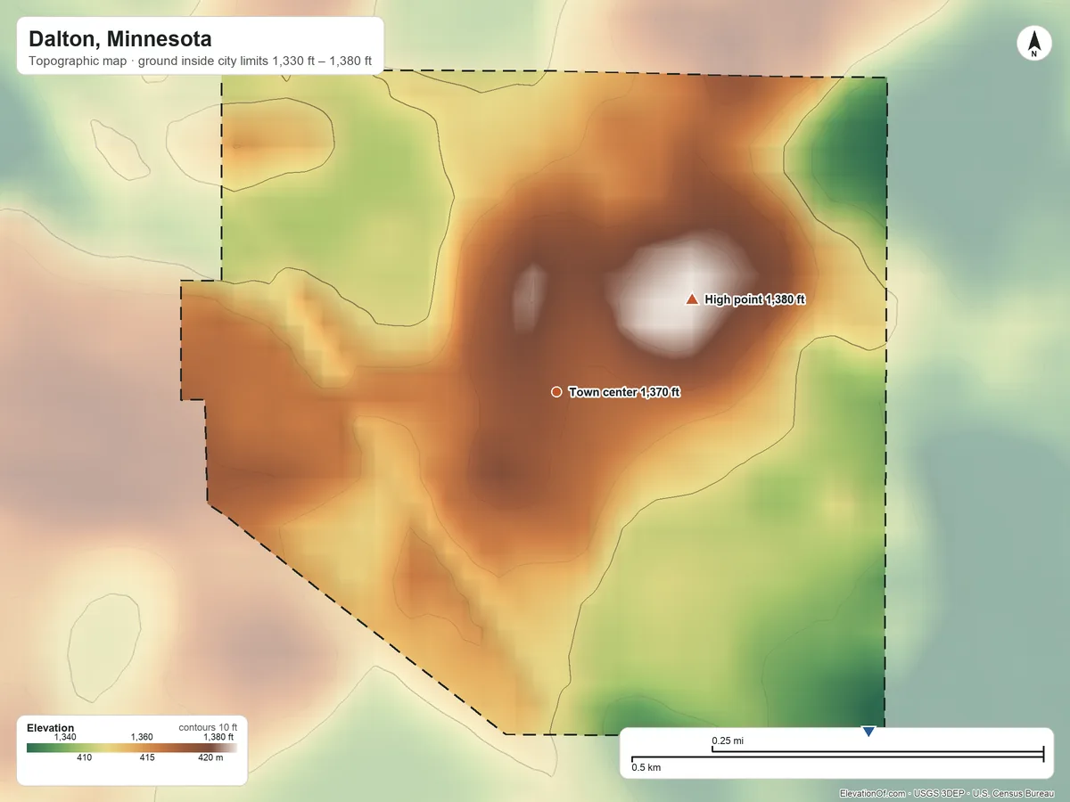 Topographic elevation map of Dalton, Minnesota, shaded from 1,330 ft on the southeast side to 1,380 ft on the northeast side