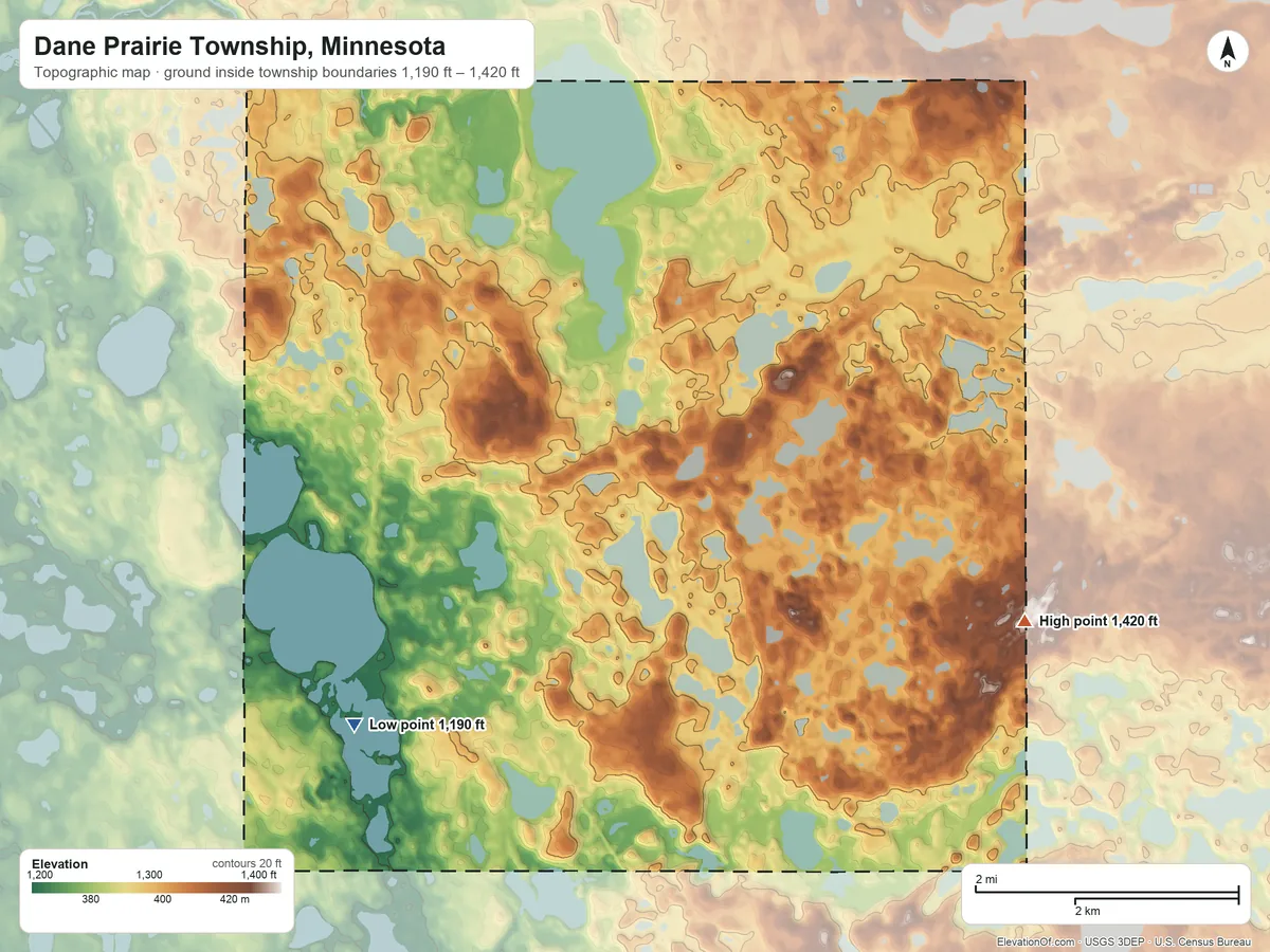 Topographic elevation map of Dane Prairie Township, Minnesota, shaded from 1,190 ft on the southwest side to 1,420 ft on the east side