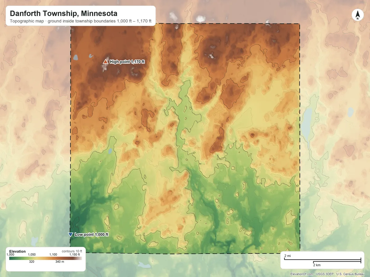 Topographic elevation map of Danforth Township, Minnesota, shaded from 1,000 ft on the southwest side to 1,170 ft on the west side