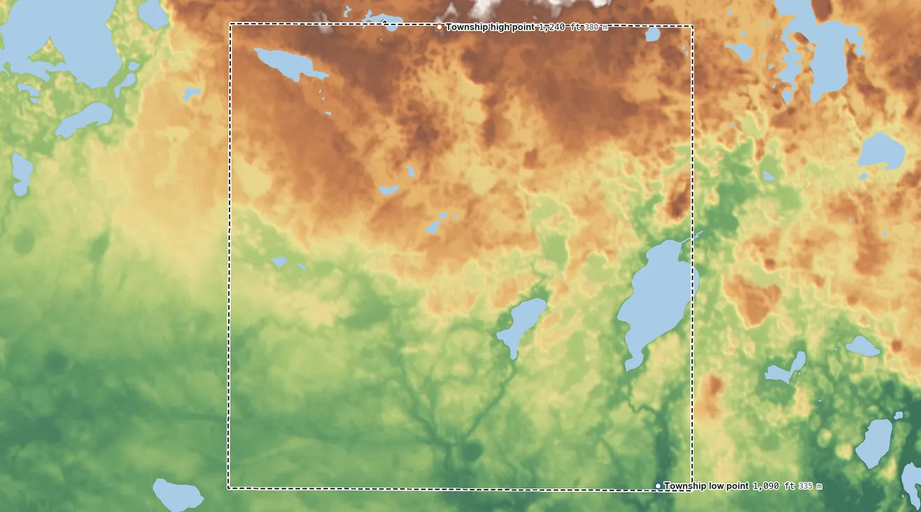 Topographic elevation map of Danielson Township, Minnesota, shaded from 1,090 ft on the southeast side to 1,240 ft on the north side