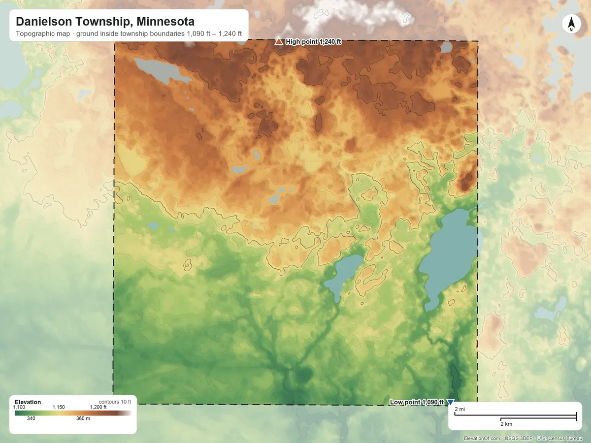 Topographic elevation map of Danielson Township, Minnesota, shaded from 1,090 ft on the southeast side to 1,240 ft on the north side