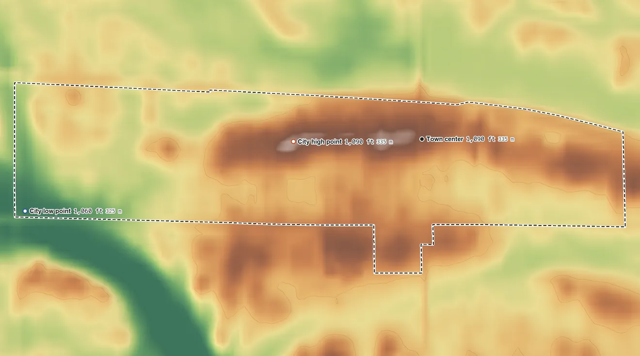 Topographic elevation map of Danube, Minnesota, shaded from 1,060 ft on the west side to 1,090 ft on the west side