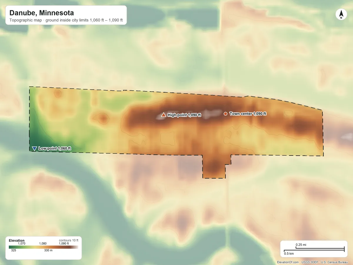 Topographic elevation map of Danube, Minnesota, shaded from 1,060 ft on the west side to 1,090 ft on the west side