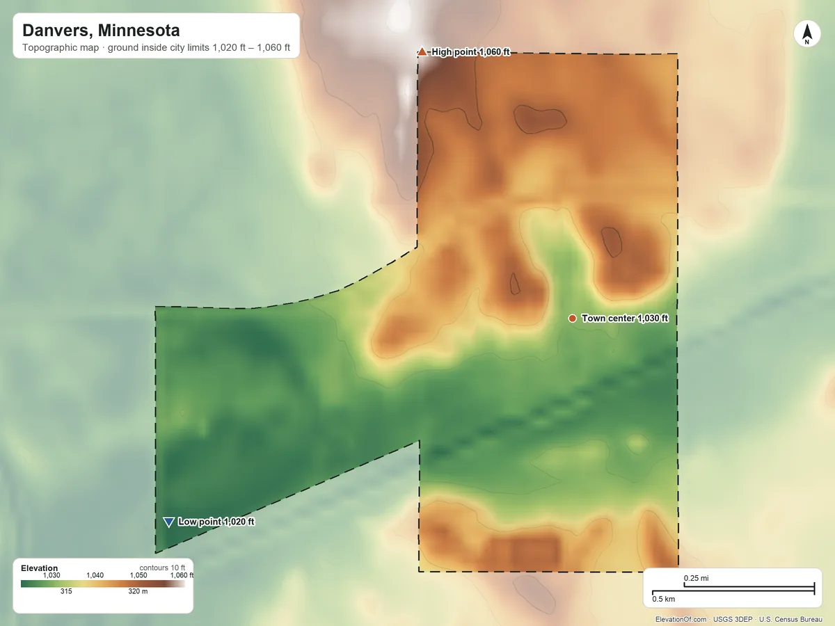 Topographic elevation map of Danvers, Minnesota, shaded from 1,020 ft on the southwest side to 1,060 ft on the northwest side
