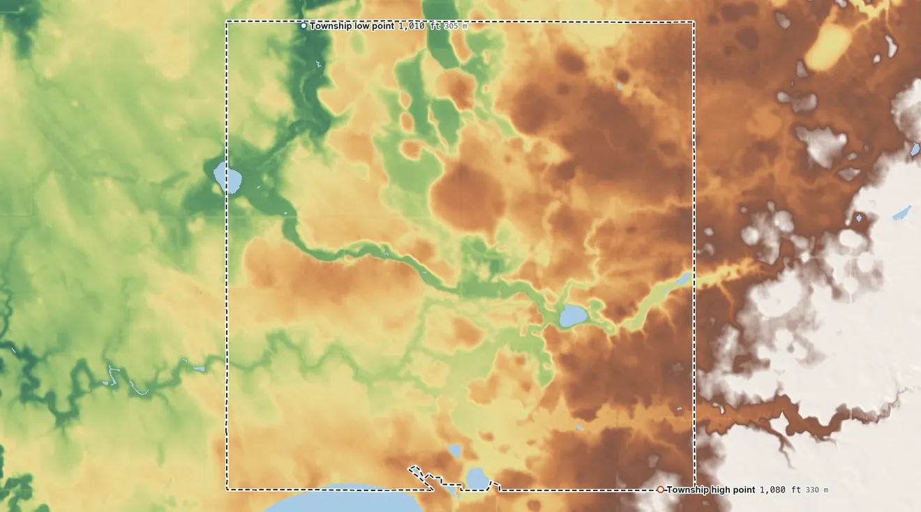 Topographic elevation map of Danville Township, Minnesota, shaded from 1,010 ft on the northwest side to 1,080 ft on the southeast side