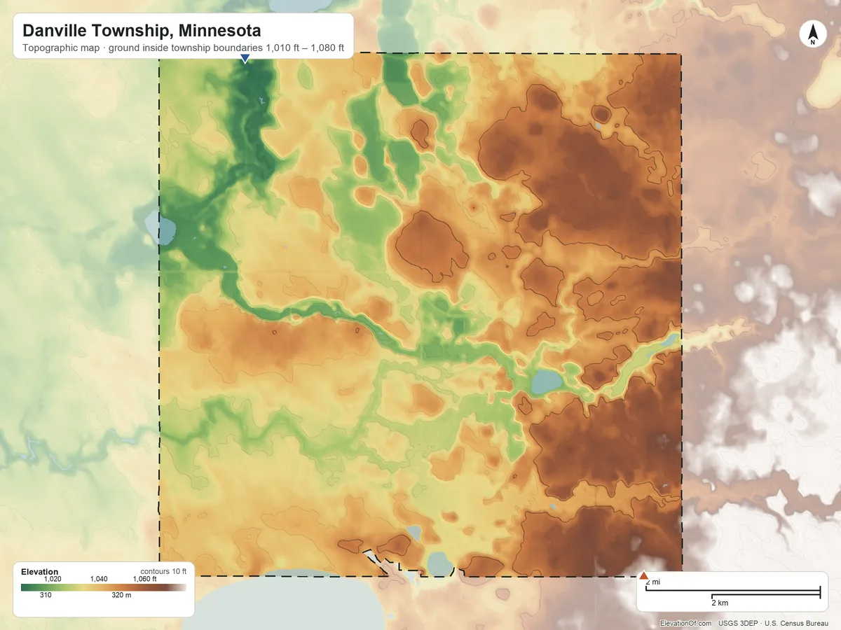 Topographic elevation map of Danville Township, Minnesota, shaded from 1,010 ft on the northwest side to 1,080 ft on the southeast side