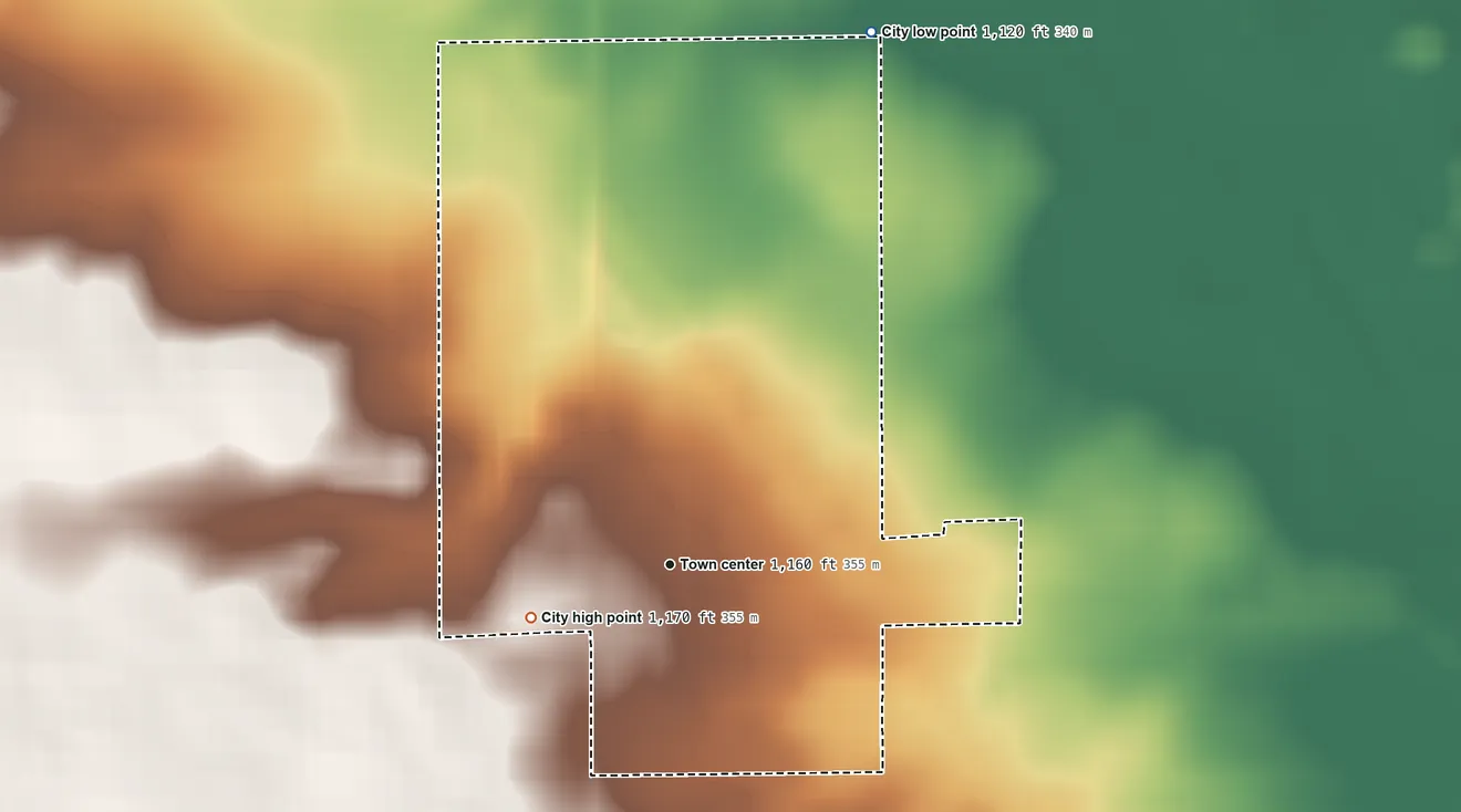 Topographic elevation map of Darfur, Minnesota, shaded from 1,120 ft on the north side to 1,170 ft on the west side