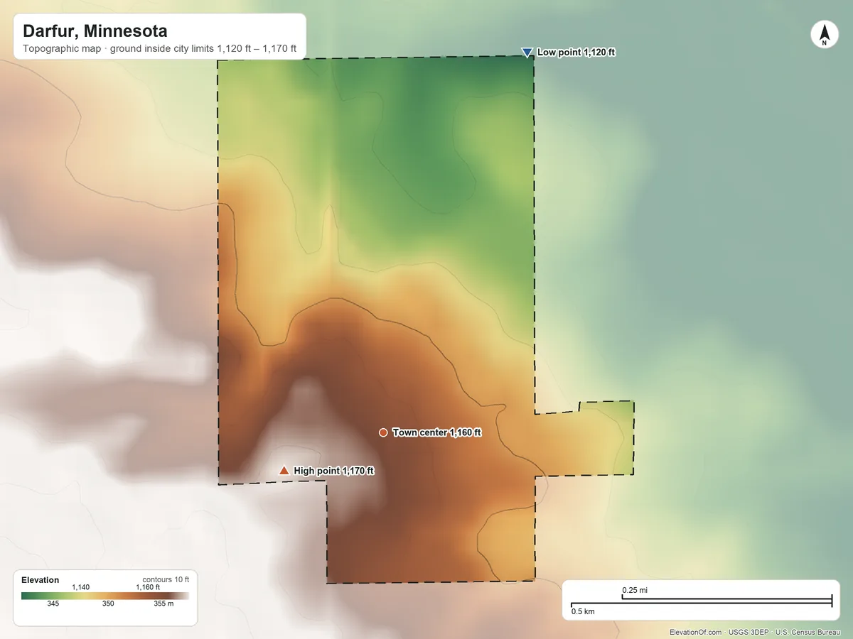 Topographic elevation map of Darfur, Minnesota, shaded from 1,120 ft on the north side to 1,170 ft on the west side