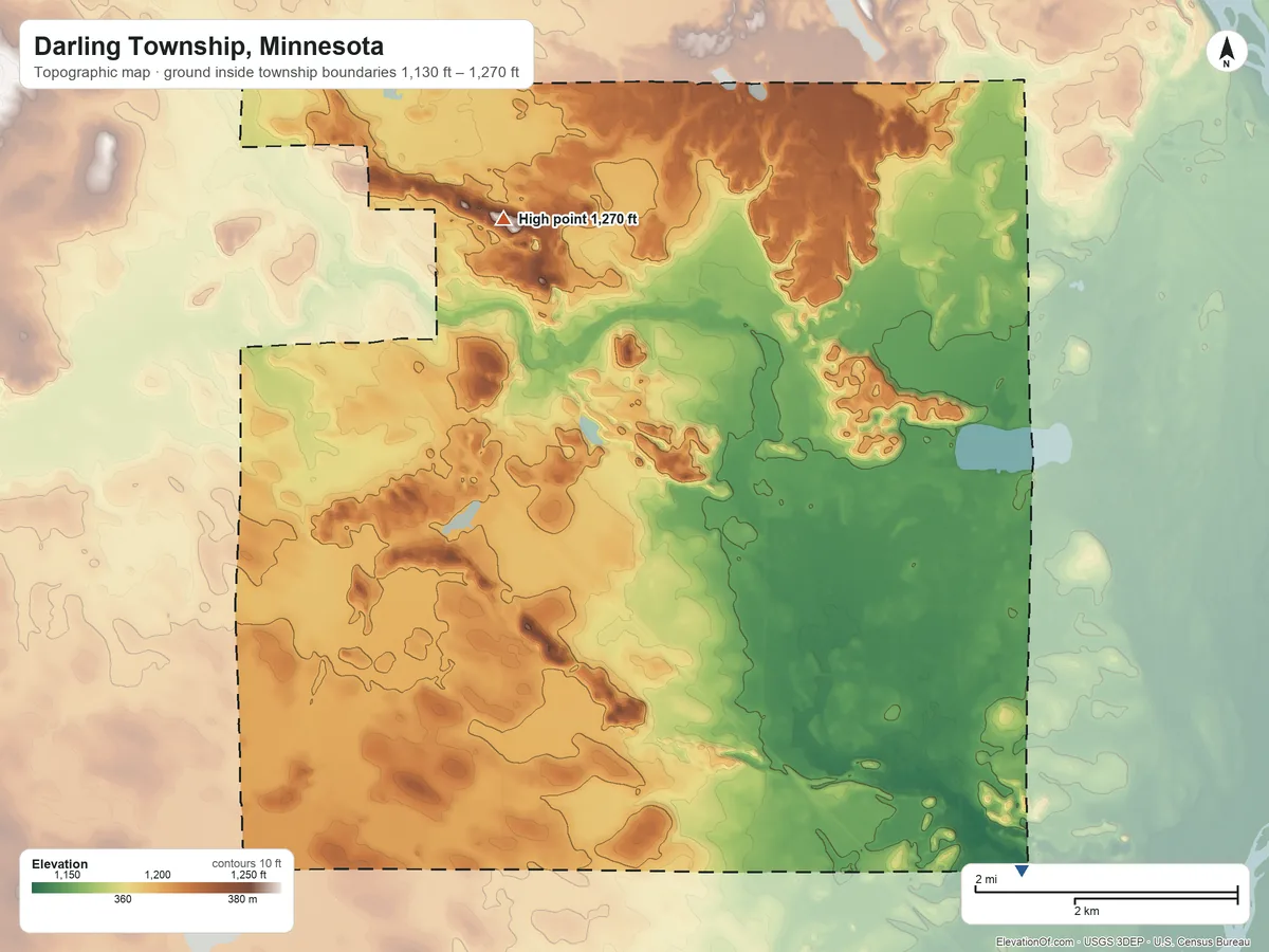 Topographic elevation map of Darling Township, Minnesota, shaded from 1,130 ft on the southeast side to 1,270 ft on the northwest side