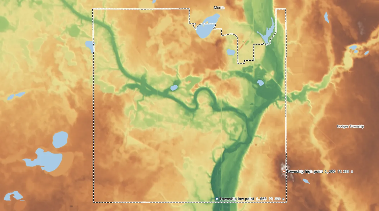 Topographic elevation map of Darnen Township, Minnesota, shaded from 1,060 ft on the south side to 1,200 ft on the southeast side