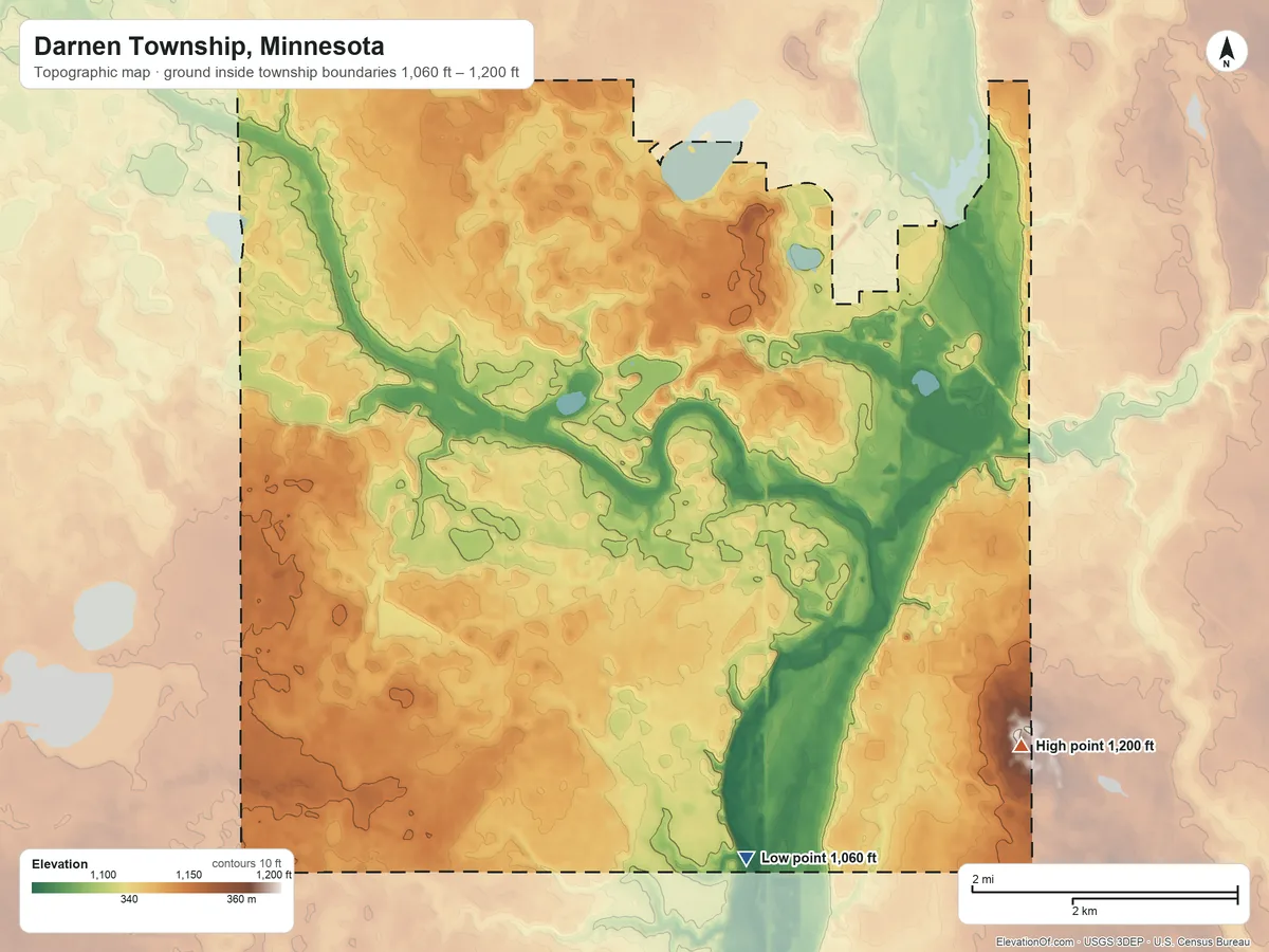 Topographic elevation map of Darnen Township, Minnesota, shaded from 1,060 ft on the south side to 1,200 ft on the southeast side