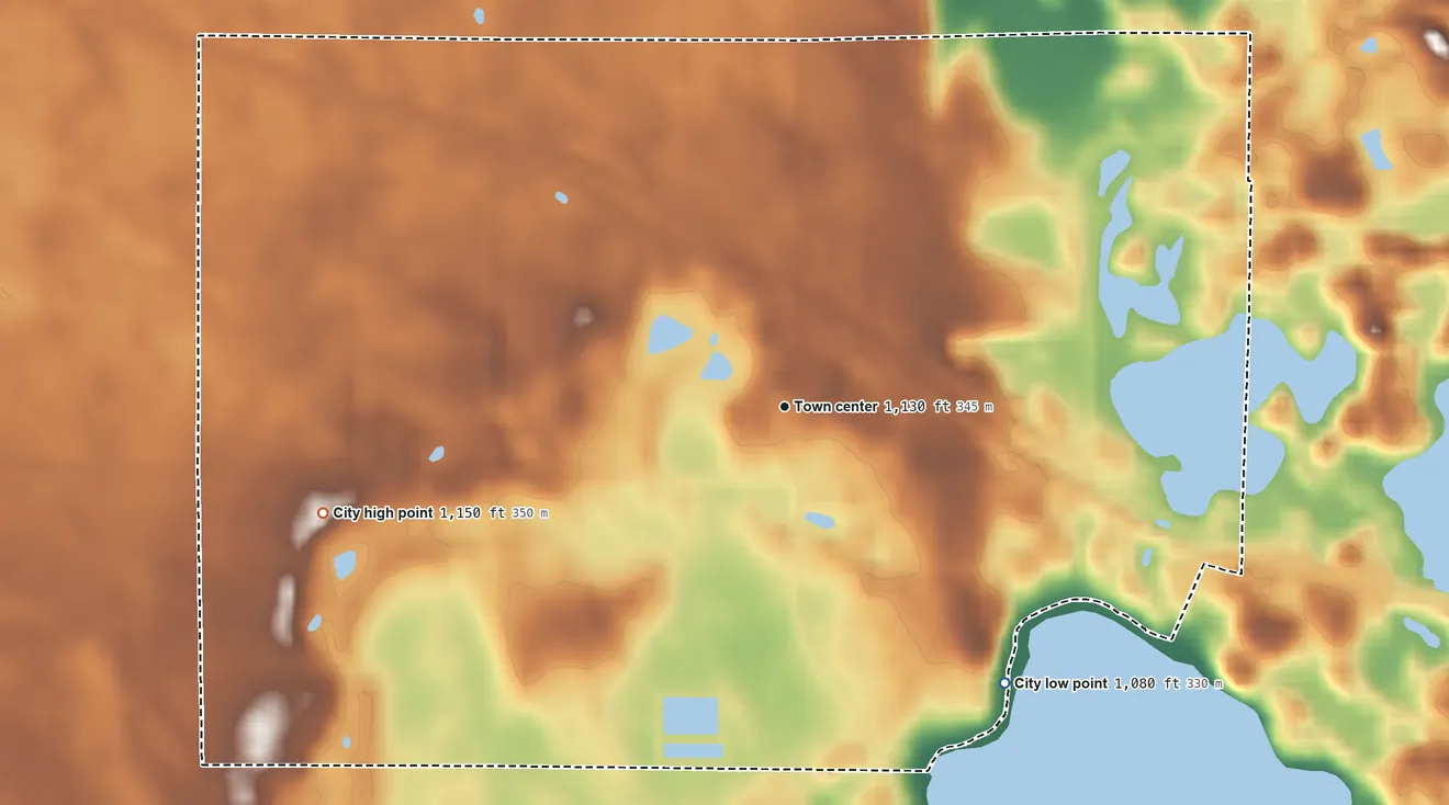 Topographic elevation map of Darwin, Minnesota, shaded from 1,080 ft on the southeast side to 1,150 ft on the west side