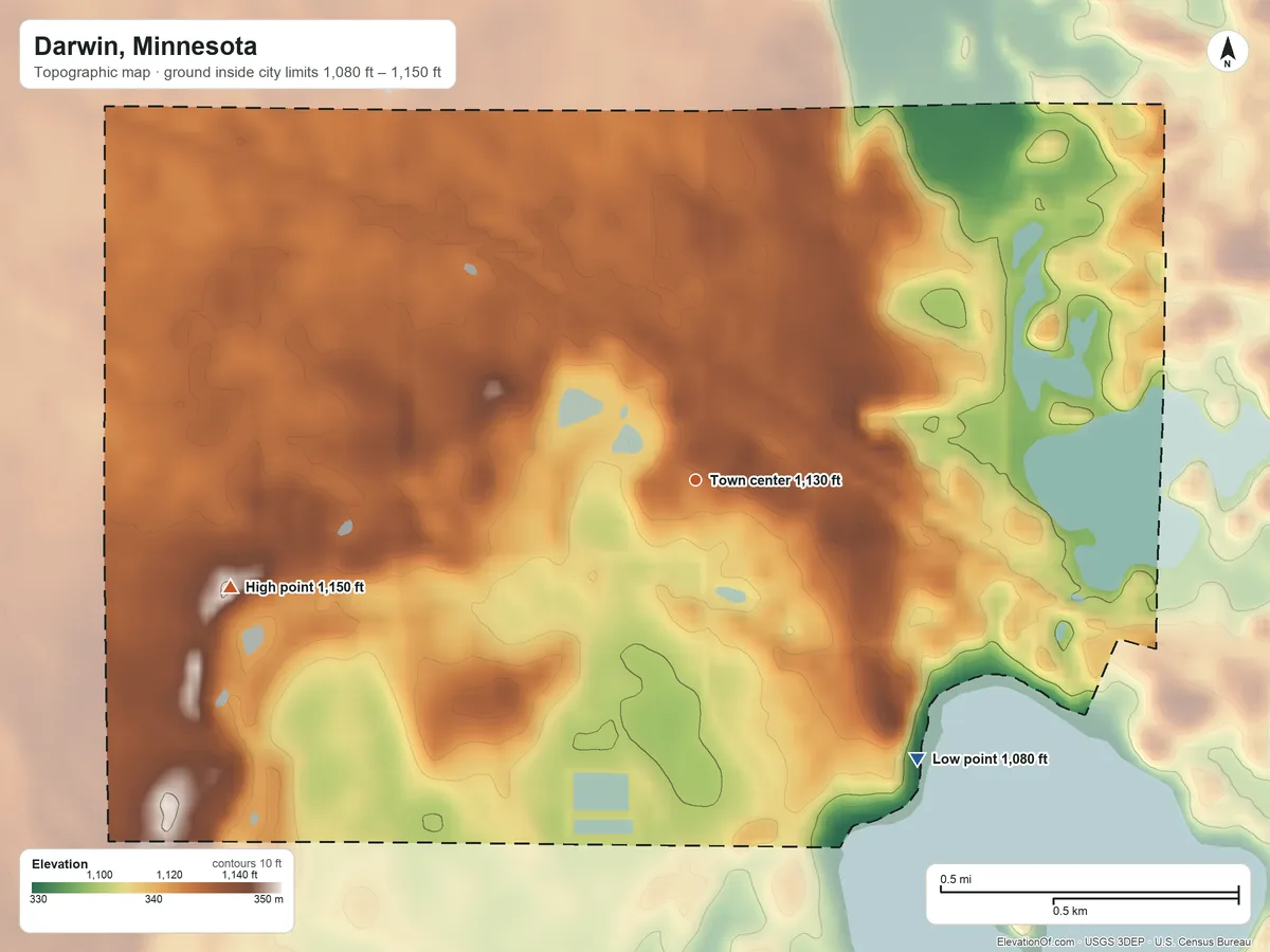 Topographic elevation map of Darwin, Minnesota, shaded from 1,080 ft on the southeast side to 1,150 ft on the west side
