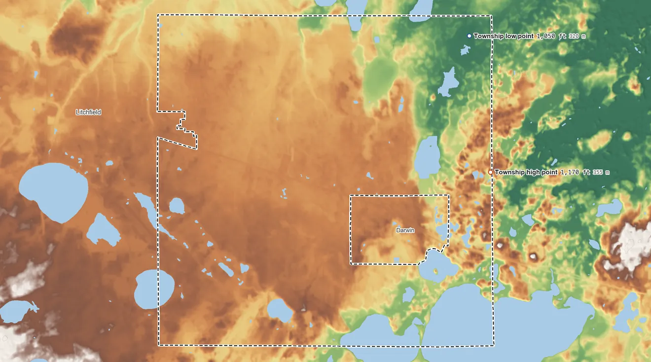 Topographic elevation map of Darwin Township, Minnesota, shaded from 1,050 ft on the northeast side to 1,170 ft on the east side