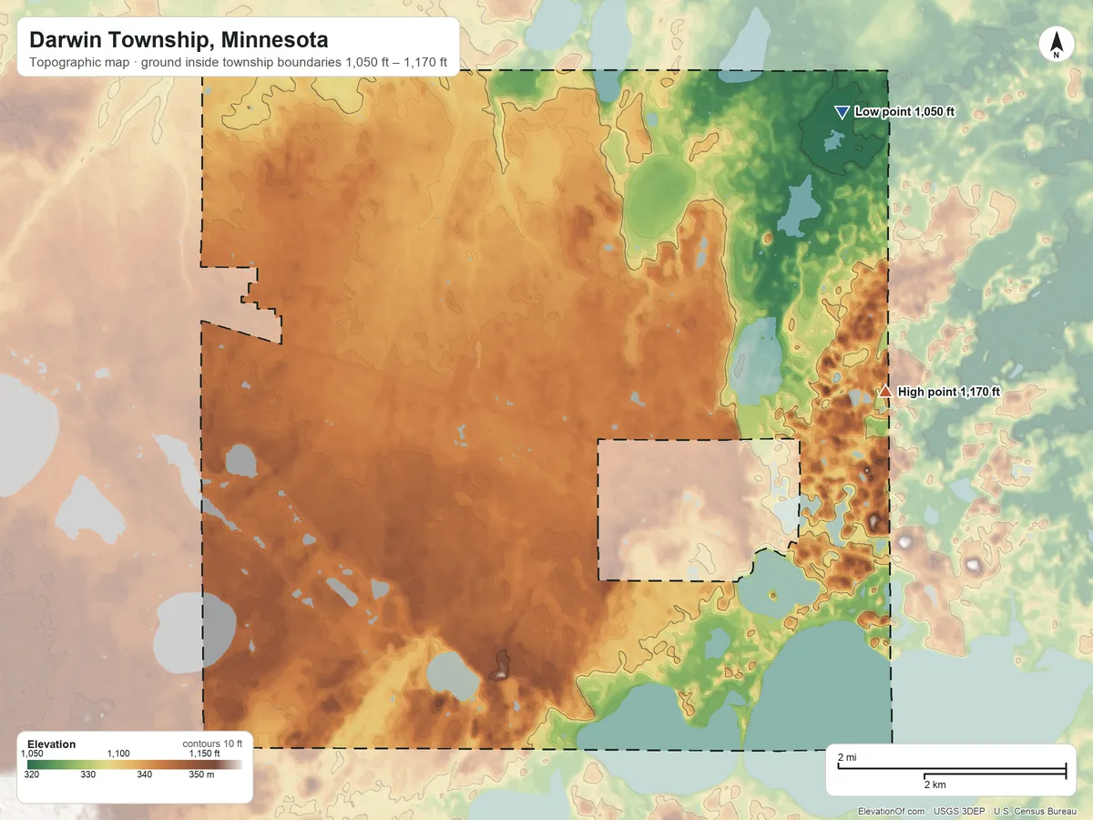 Topographic elevation map of Darwin Township, Minnesota, shaded from 1,050 ft on the northeast side to 1,170 ft on the east side