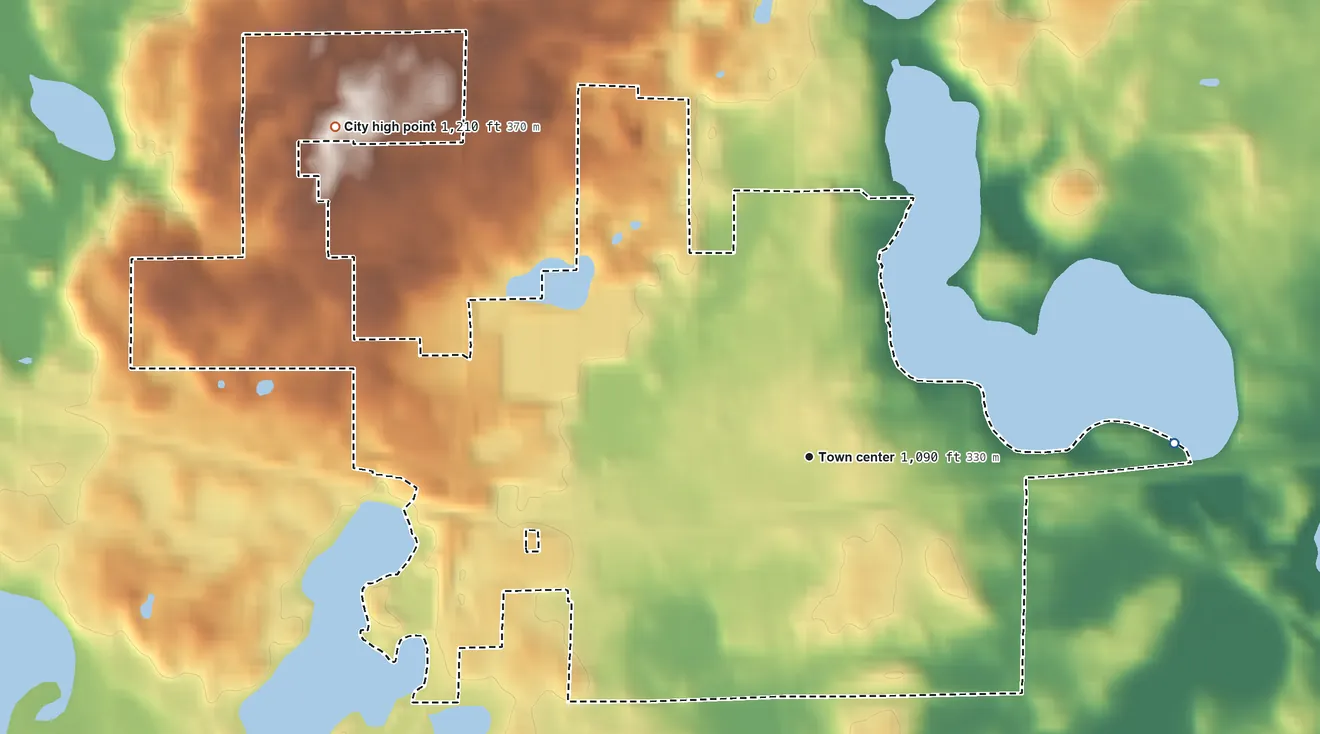 Topographic elevation map of Dassel, Minnesota, shaded from 1,030 ft on the east side to 1,210 ft on the northwest side