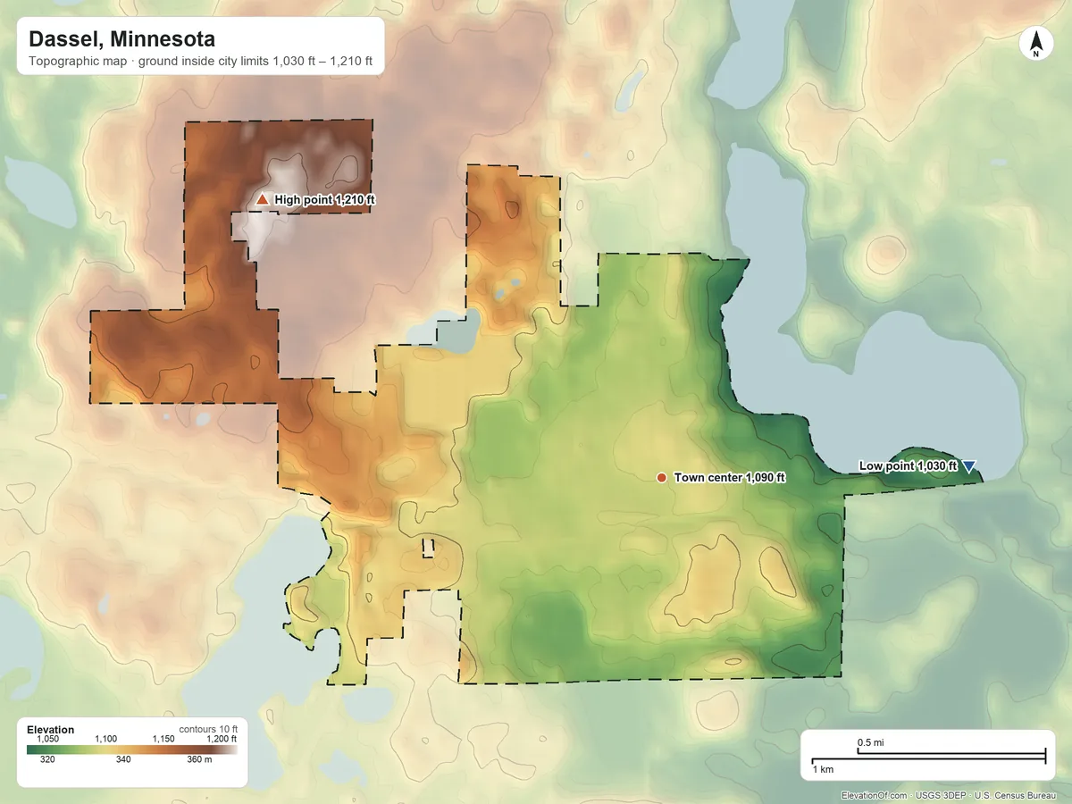 Topographic elevation map of Dassel, Minnesota, shaded from 1,030 ft on the east side to 1,210 ft on the northwest side