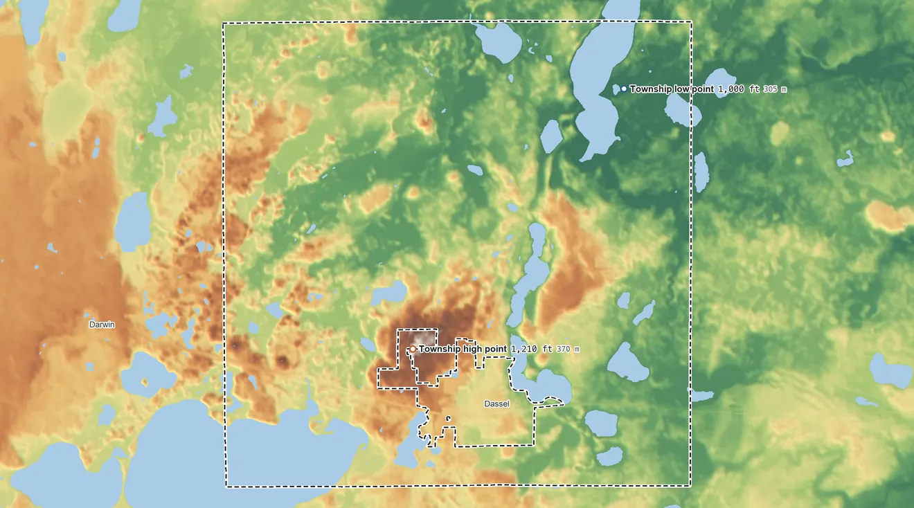 Topographic elevation map of Dassel Township, Minnesota, shaded from 1,000 ft on the northeast side to 1,210 ft on the southwest side