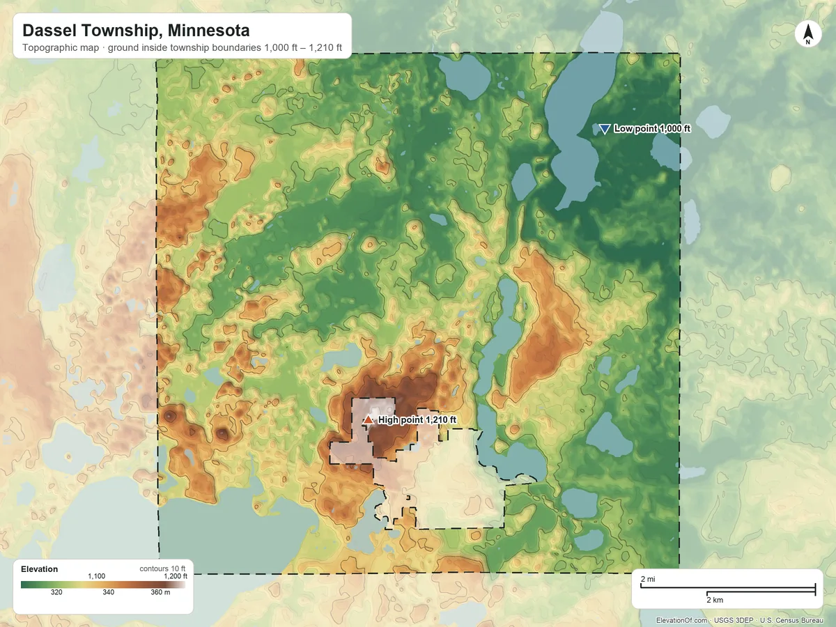 Topographic elevation map of Dassel Township, Minnesota, shaded from 1,000 ft on the northeast side to 1,210 ft on the southwest side