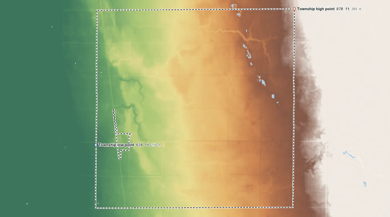Topographic elevation map of Davis Township, Minnesota, shaded from 820 ft on the west side to 870 ft on the northeast side