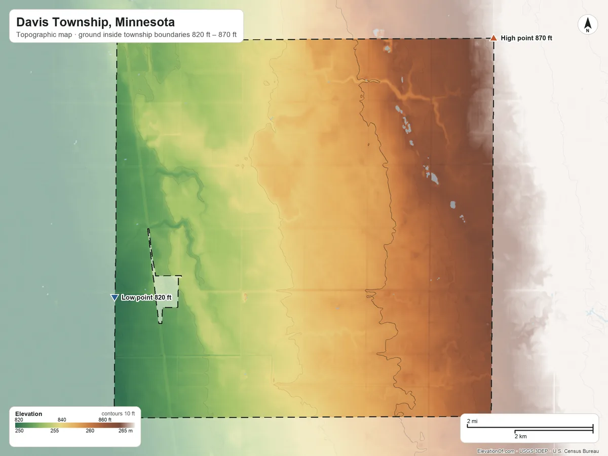 Topographic elevation map of Davis Township, Minnesota, shaded from 820 ft on the west side to 870 ft on the northeast side