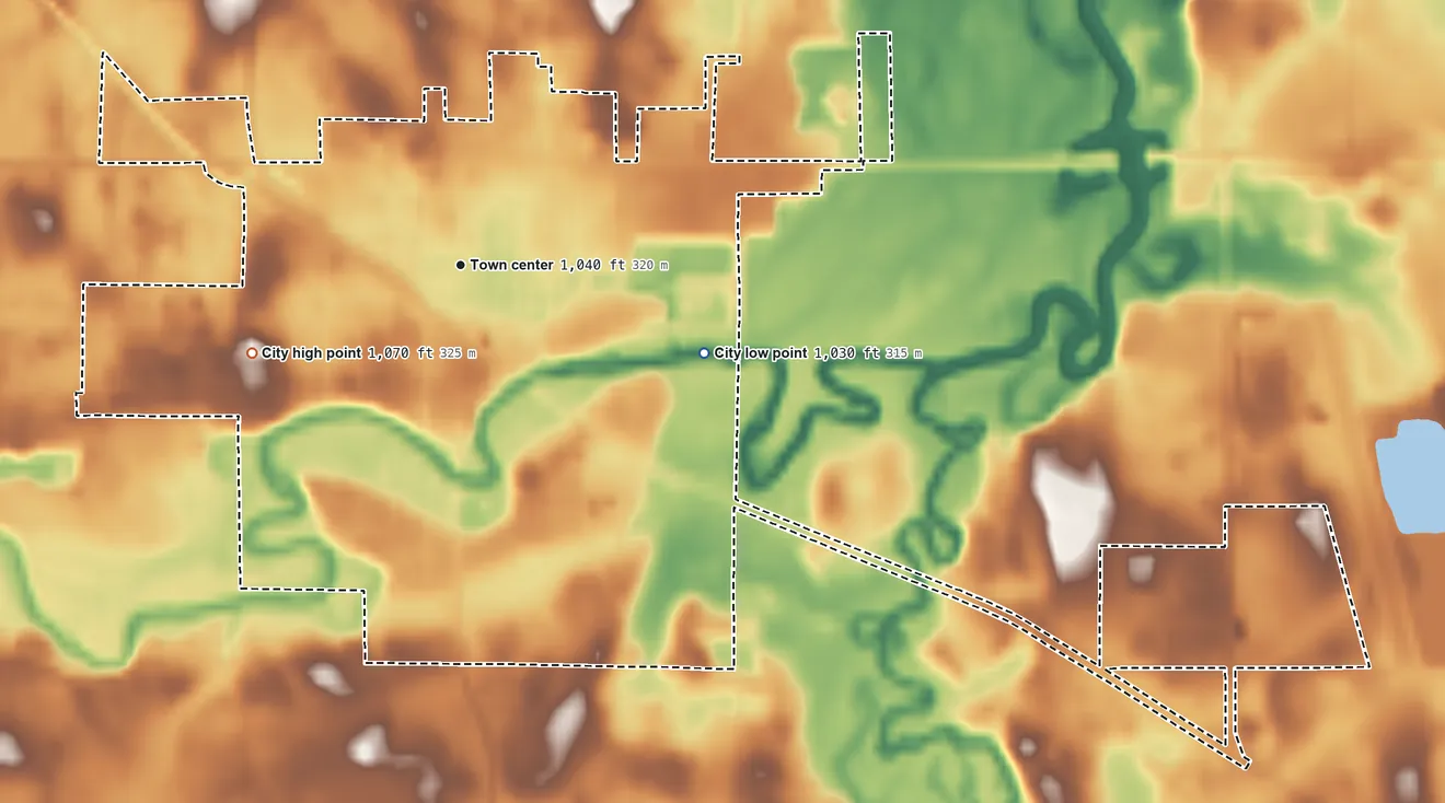 Topographic elevation map of Dawson, Minnesota, shaded from 1,030 ft on the east side to 1,070 ft on the southwest side