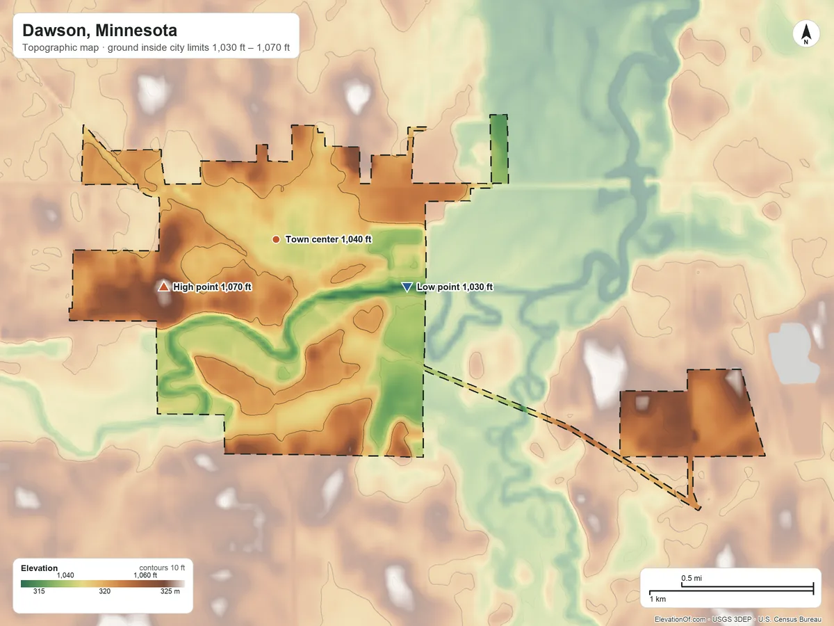 Topographic elevation map of Dawson, Minnesota, shaded from 1,030 ft on the east side to 1,070 ft on the southwest side