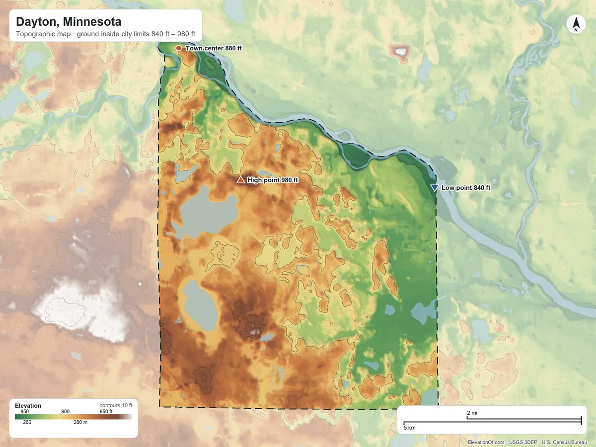 Topographic elevation map of Dayton, Minnesota, shaded from 840 ft on the southeast side to 980 ft on the southeast side