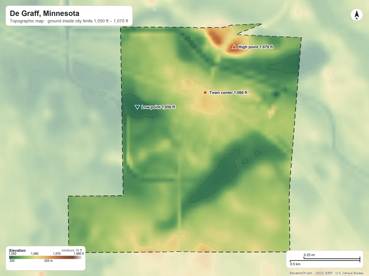 Topographic elevation map of De Graff, Minnesota, shaded from 1,050 ft on the west side to 1,070 ft on the northeast side